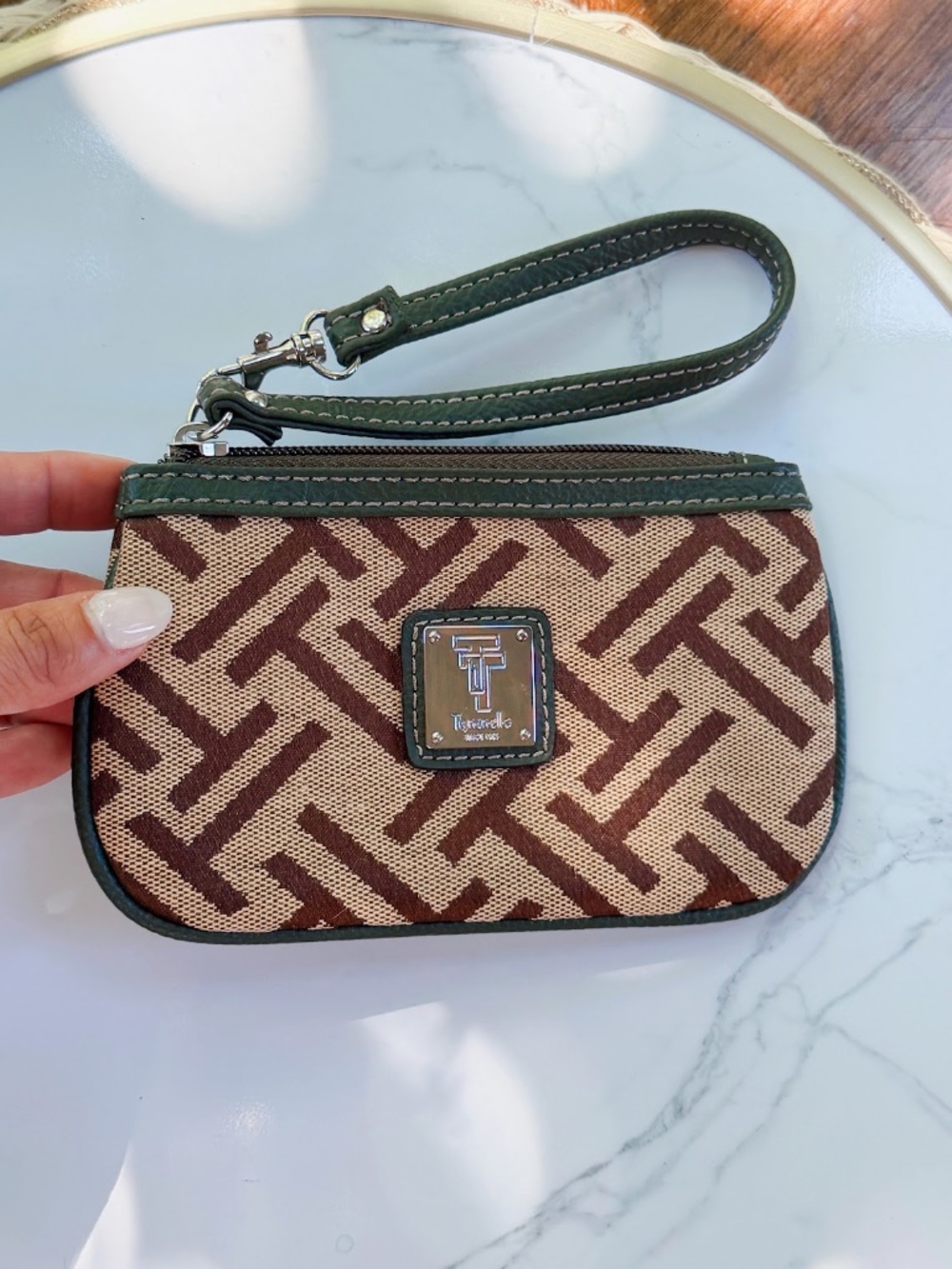 Tignanello Tan Brown Green Signature Canvas Faux Leather Trim Small Wristlet